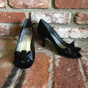 Black Satin Ruffle Peep Toe Heel
